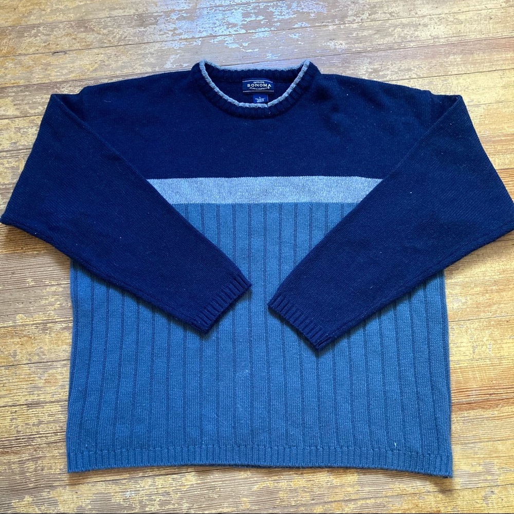 Navy + Gray + Light Blue Knit Crewneck Preppy Sweater
